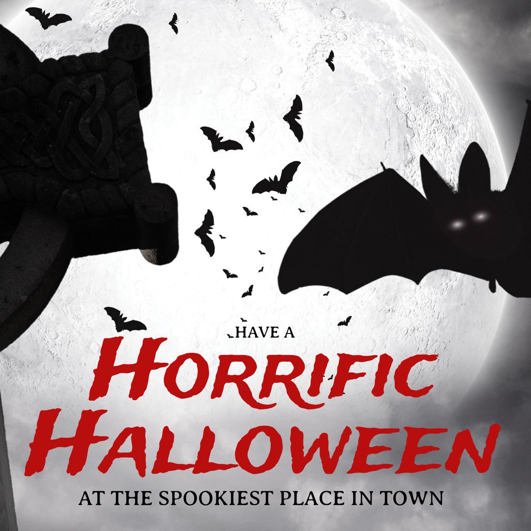 Mysterious Full Moon Background with Flying Bats and Halloween Greeting