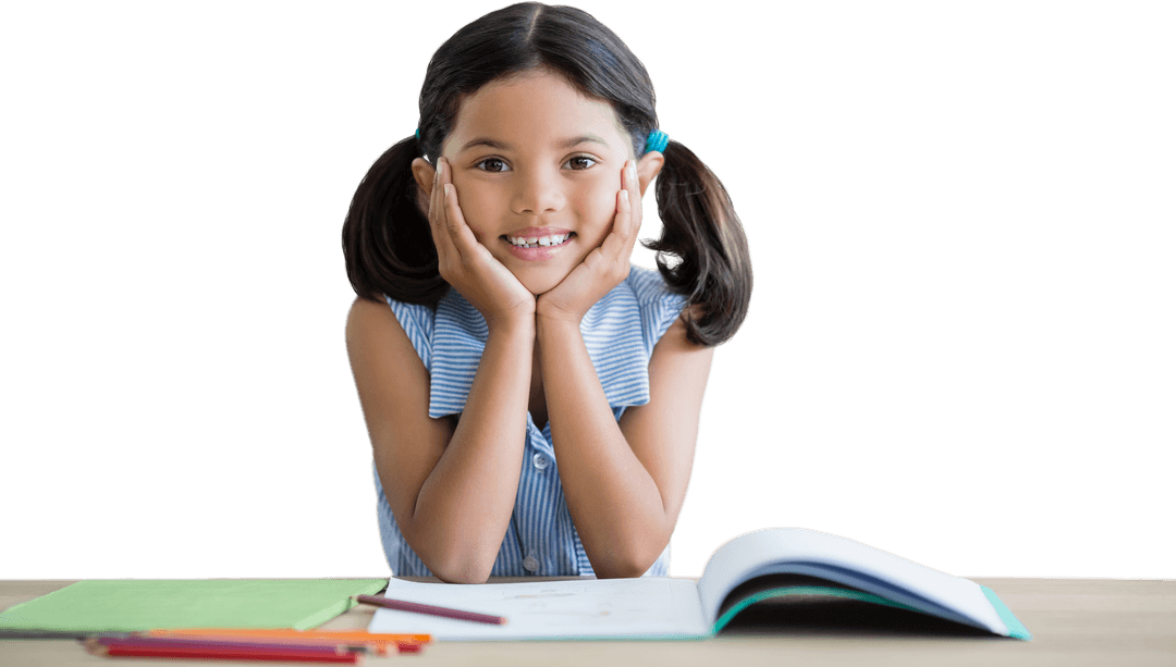 Smiling girl studying with open book and colorful pencils on transparent background
