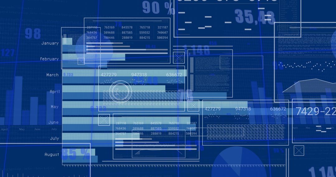 Digital Data Visualization with Graphs and Charts on Blue Background