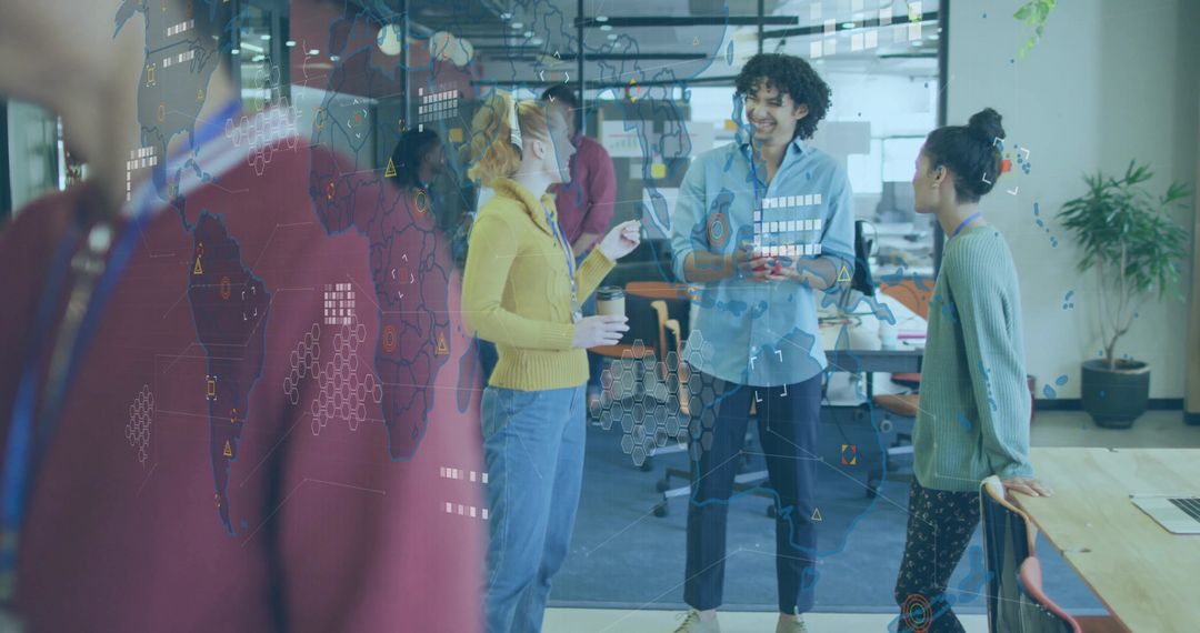 Young team discussing global data visualization on glass wall in modern open office