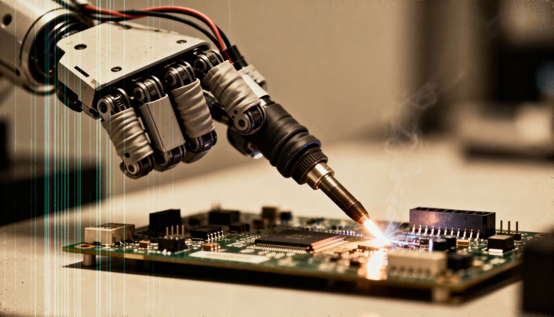 Robotic Soldering Arm Performing Precision PCB Rework with Spark and Molten Solder