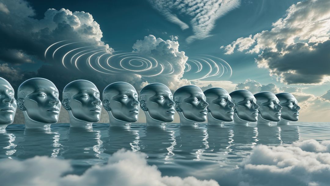 Futuristic metallic heads emerge through surreal waterscape, talking heads concept
