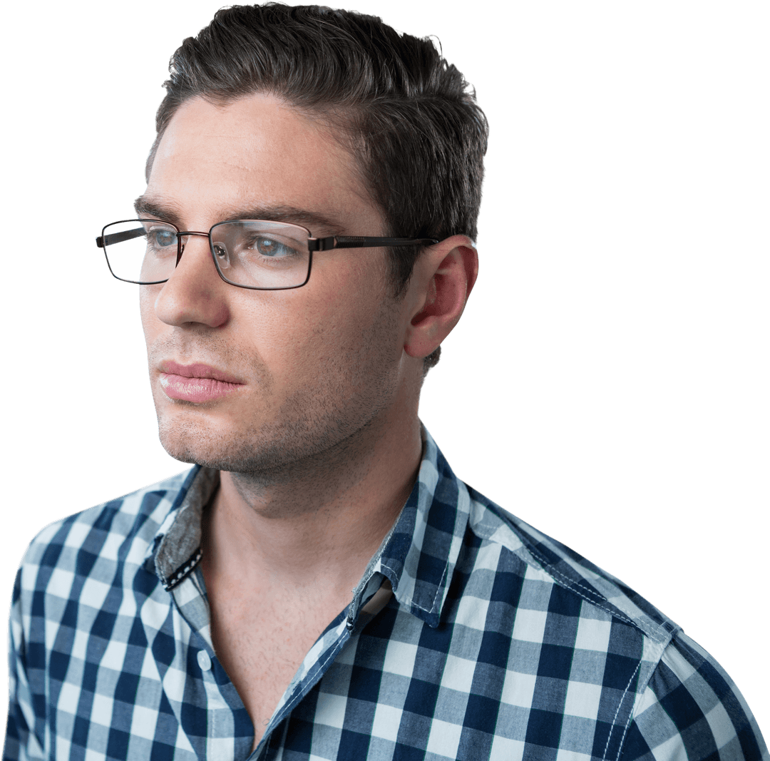 Transparent Background of Thoughtful Man with Glasses in Checkered Shirt