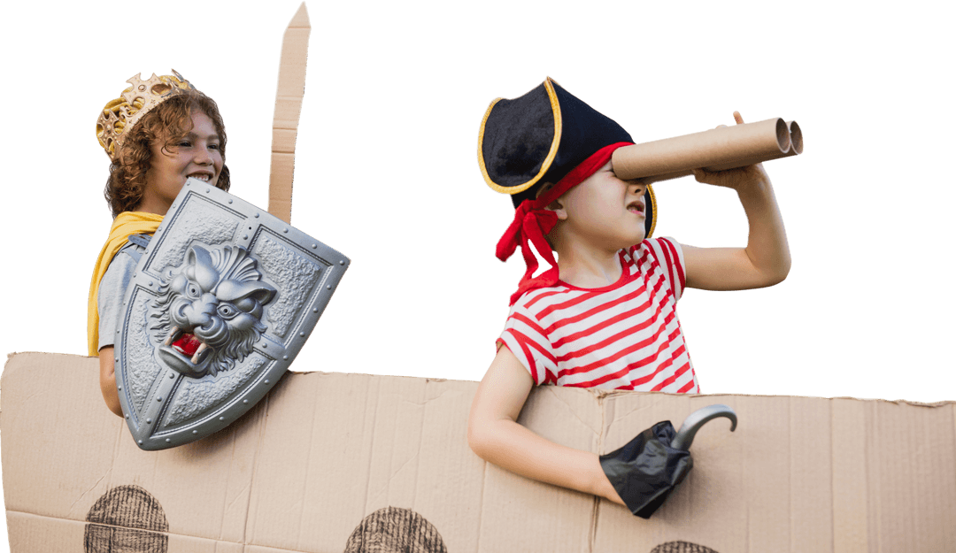 Creative Kids in Pirate Viking Costumes with Cardboard Ship