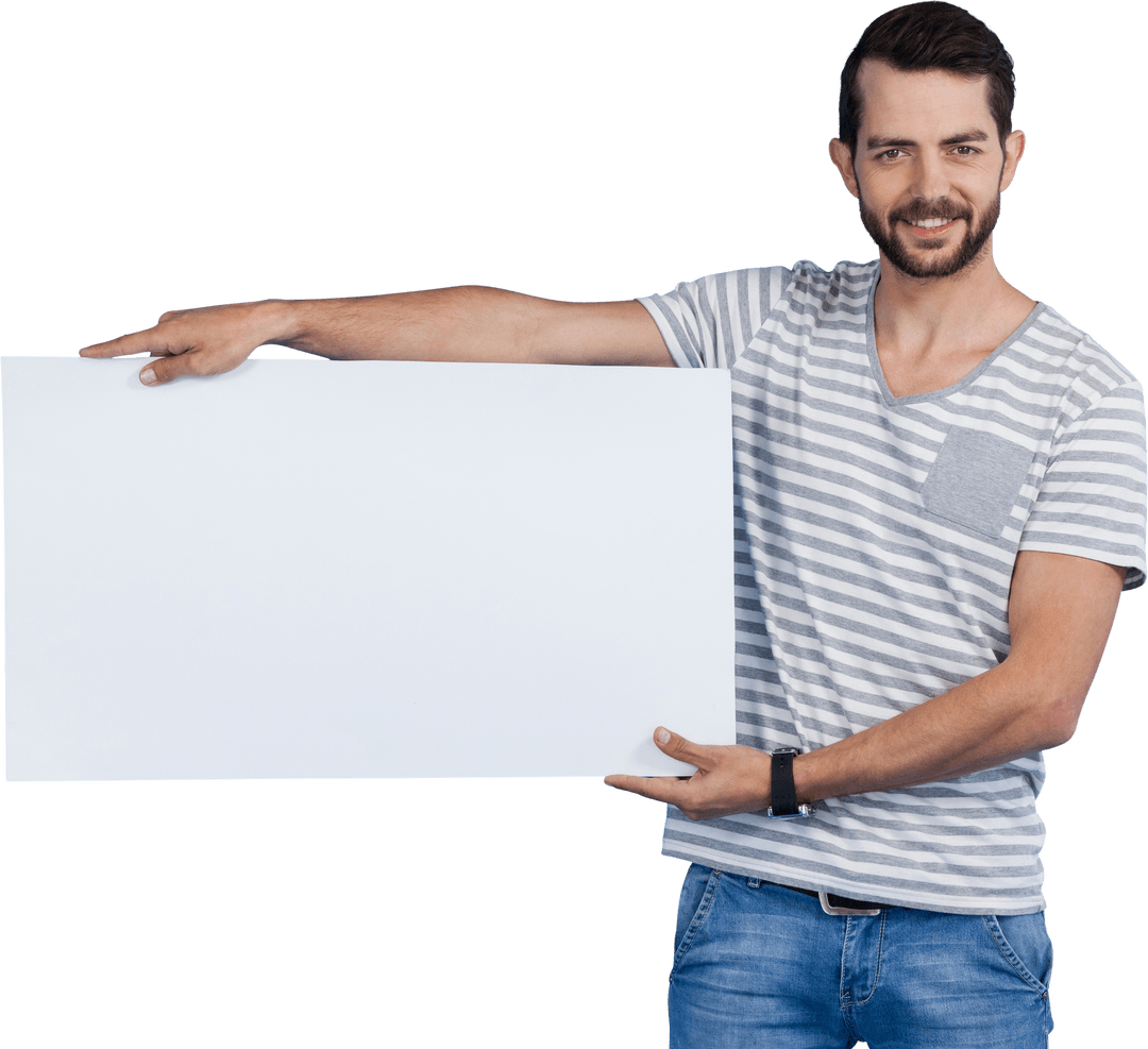 Smiling Caucasian Man Holding Blank White Card on Transparent Background