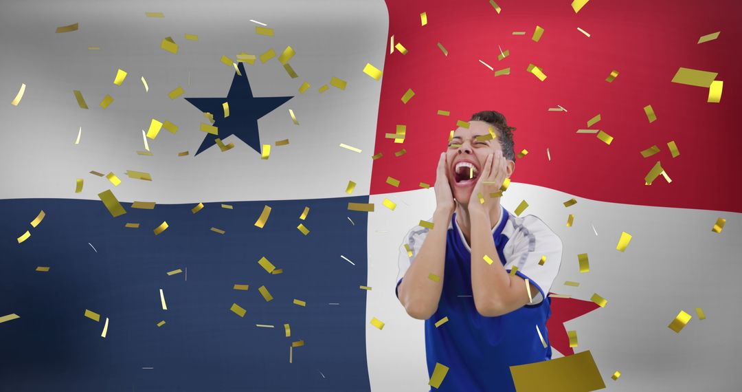 Joyful Soccer Victory Celebration with Panama Flag and Confetti