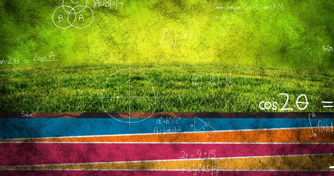 Math Concepts Overlaying Vibrant Landscape with Grass and Paths