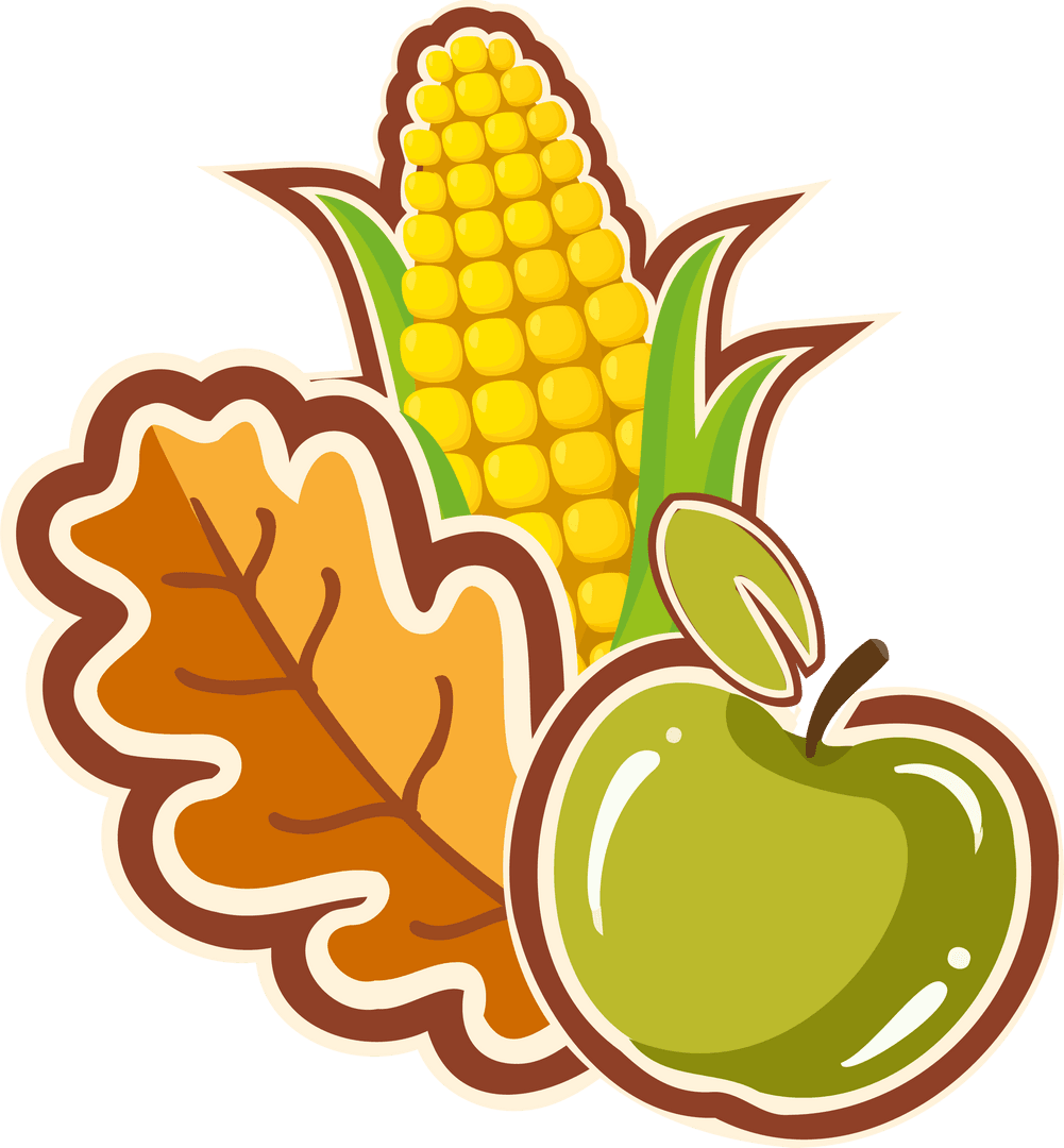 Harvest Symbols with Corn, Apple, and Oak Leaf on Transparent Background