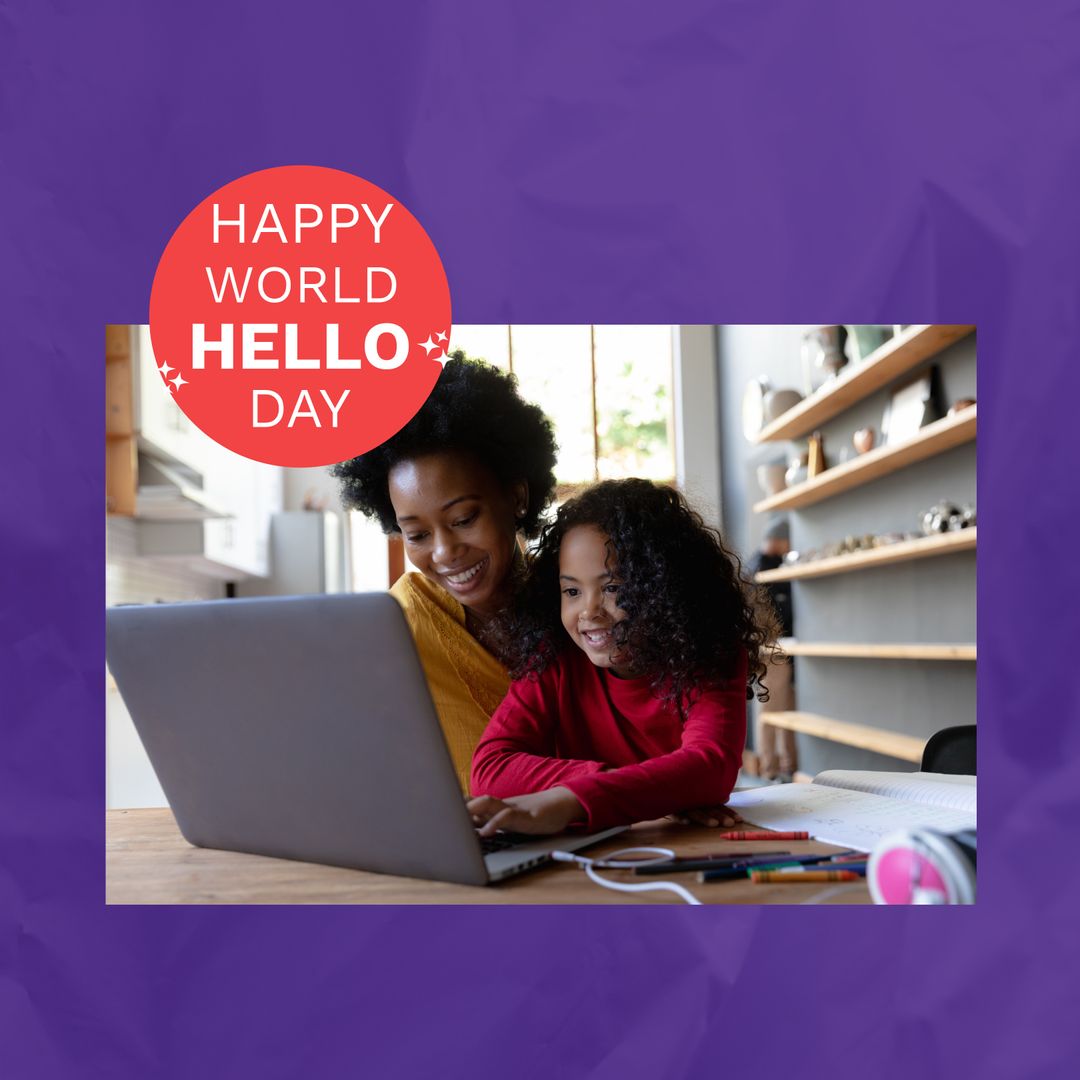 Happy World Hello Day: Mother and Daughter Using Laptop