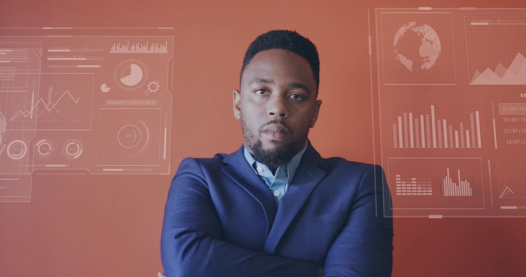 Confident Businessman with Digital Financial Data Background