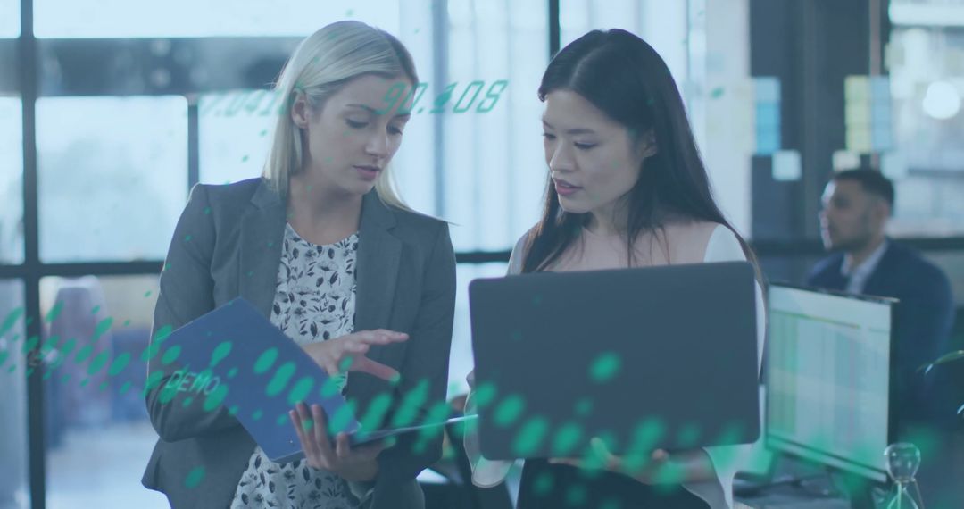 Colleagues Collaborating Amidst Financial Data Overlays