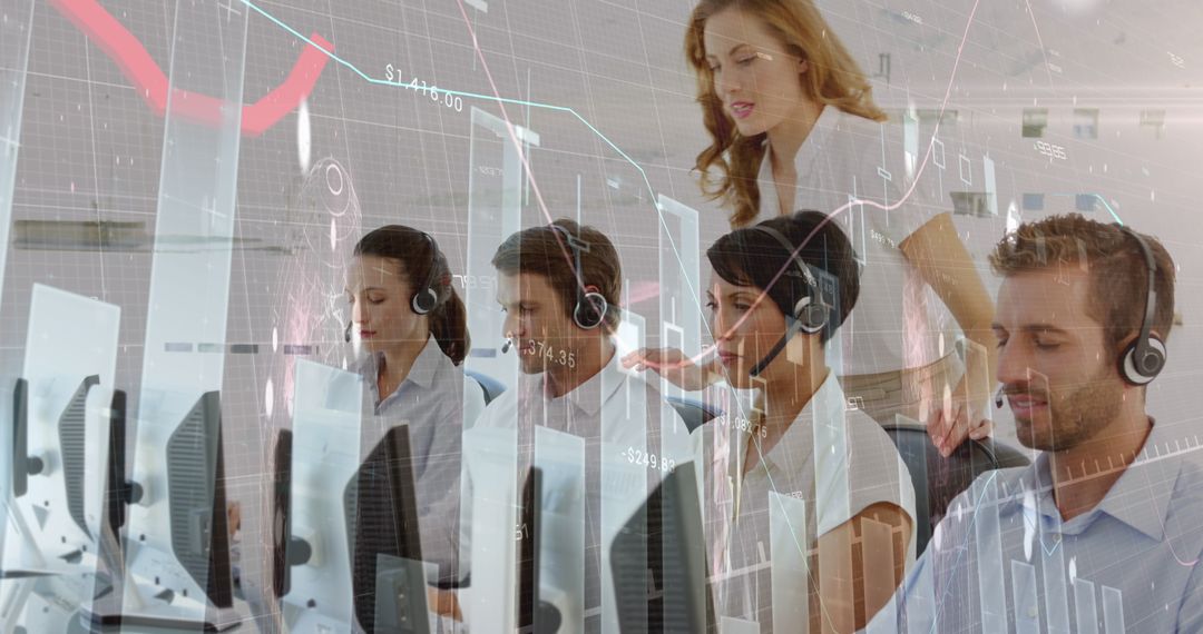 Customer Support Team Analyzing Statistical Data in Modern Office