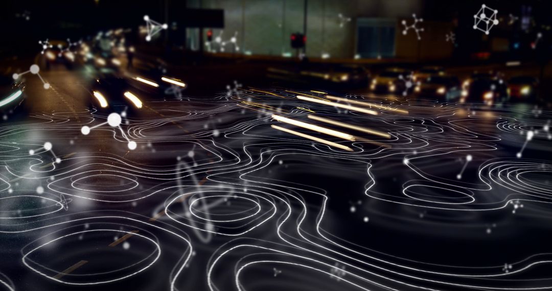 Futuristic Digital Overlay on Cityscape at Night