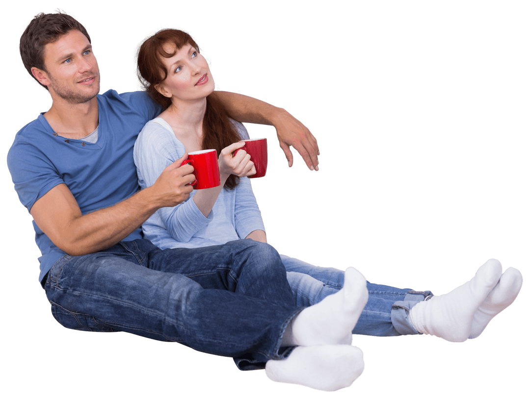 Happy Couple Relaxing with Coffee on Transparent Background