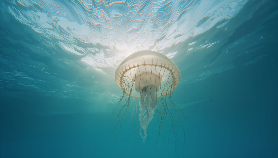 Solitary Jellyfish Drifting with Glowing Halo in Open Sea