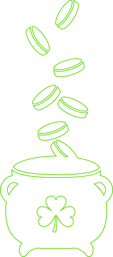 Neon Green Shamrock Cauldron with Falling Coins on Transparent Background