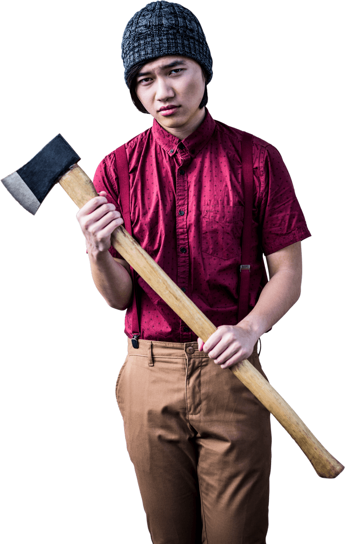 Serious Man Holding Axe on Transparent Background