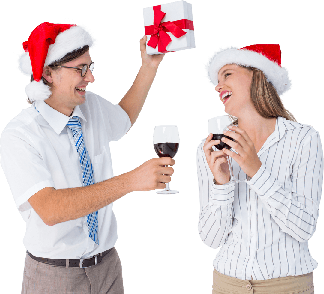 Festive Couple Enjoying Wine in Holiday Attire Transparent Image