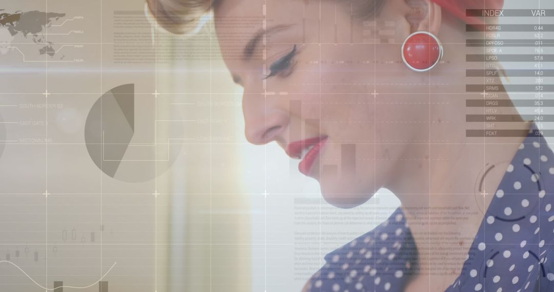 Retro Styled Woman Interacting with Digital Data Overlay