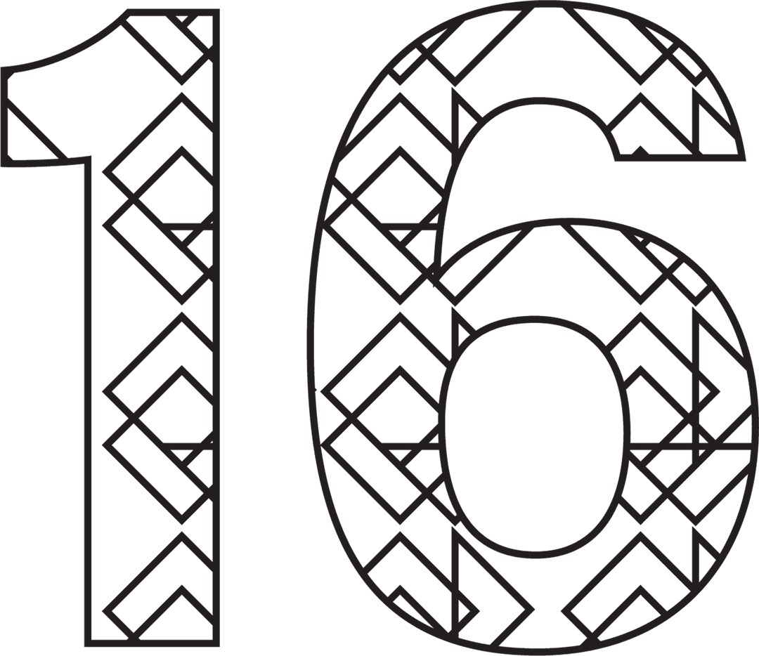 Stylized Number 16 with Decorative Patterns on Transparent Background