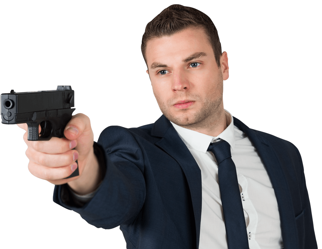 Isolated Businessman Holding Gun on Transparent Background