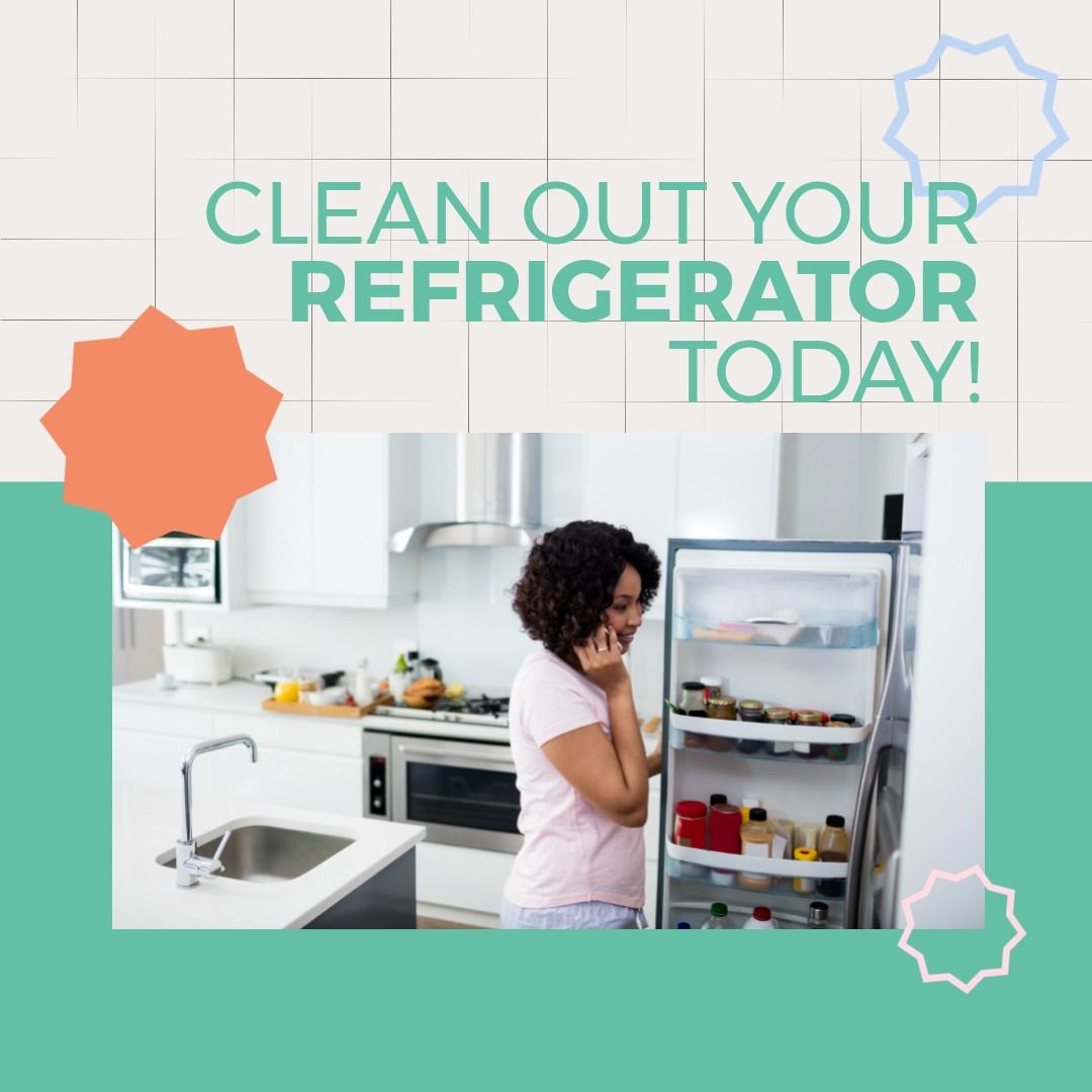 Square image of clean out refrigerator day text, with african american woman on phone opening fridge - Download Free Stock Templates Pikwizard.com