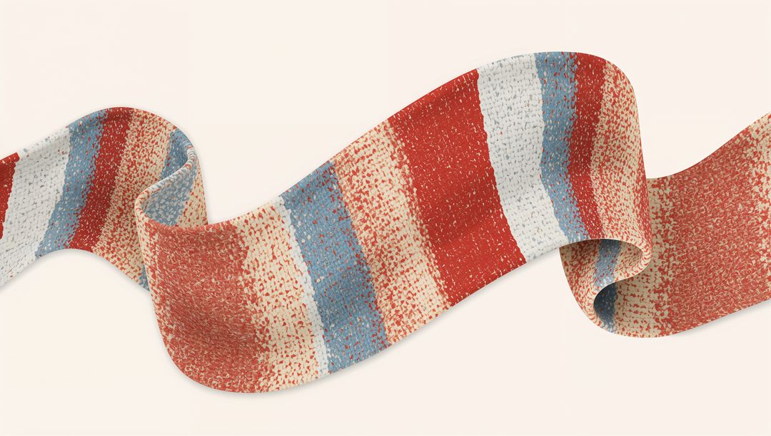 Curving textured striped ribbon in muted red off-white and dusty blue on beige backdrop