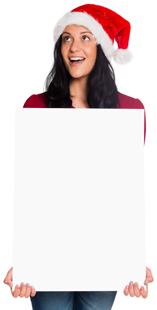 Transparent Background of Woman Wearing Santa Hat Holding White Sign - Download Free Stock Images Pikwizard.com