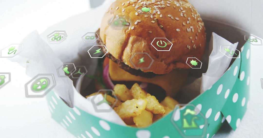 Burger and Fries To-Go with Digital Sustainable Icons