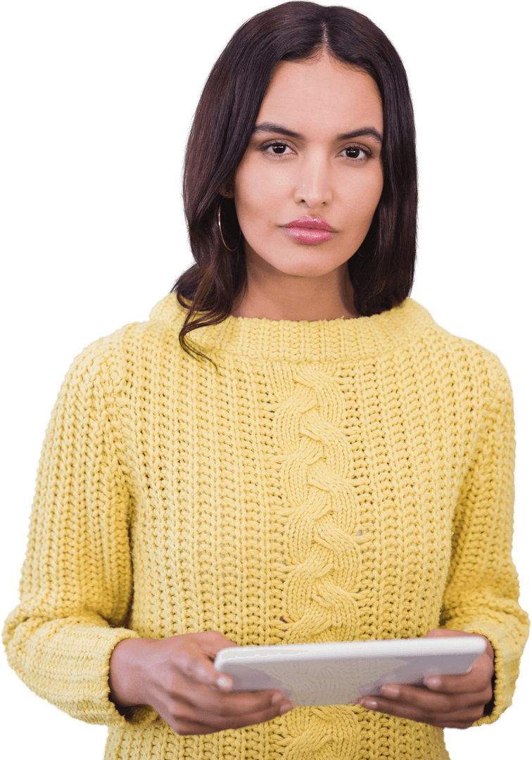 Young Woman Holding Tablet in Bright Yellow Sweater on Transparent Background