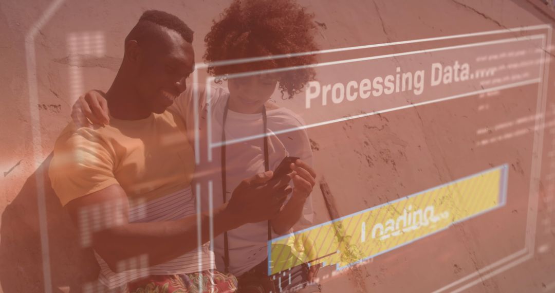 Couple Using Smartphone with Digital Data Overlay