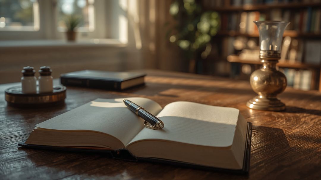 Vintage Study with Open Notebook and Brass Lamp