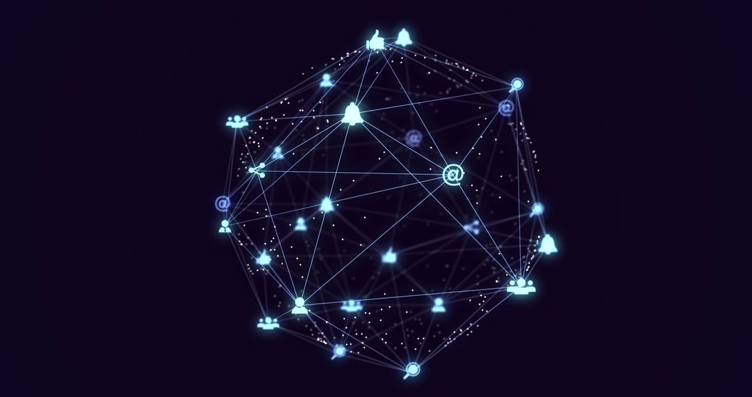 Digital Network Sphere with Glowing Connective Icons in Blue Light