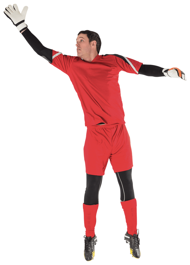 Goalkeeper Jumping for Save Wearing Red Uniform on Transparent Background