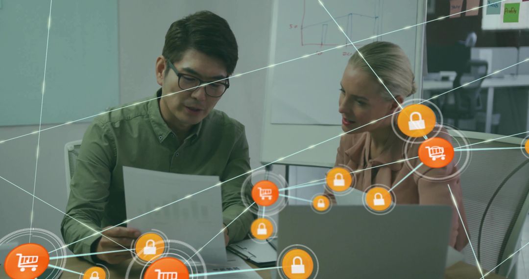 Business team analyzing documents with cybersecurity and e-commerce network overlay