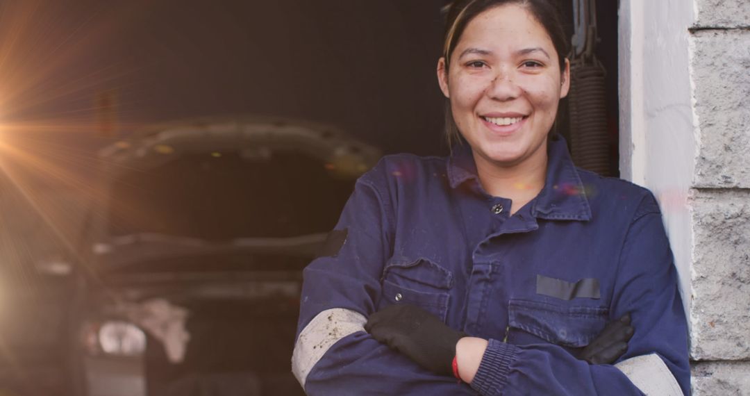 Confident Female Mechanic Smiling in Workshop Atmosphere