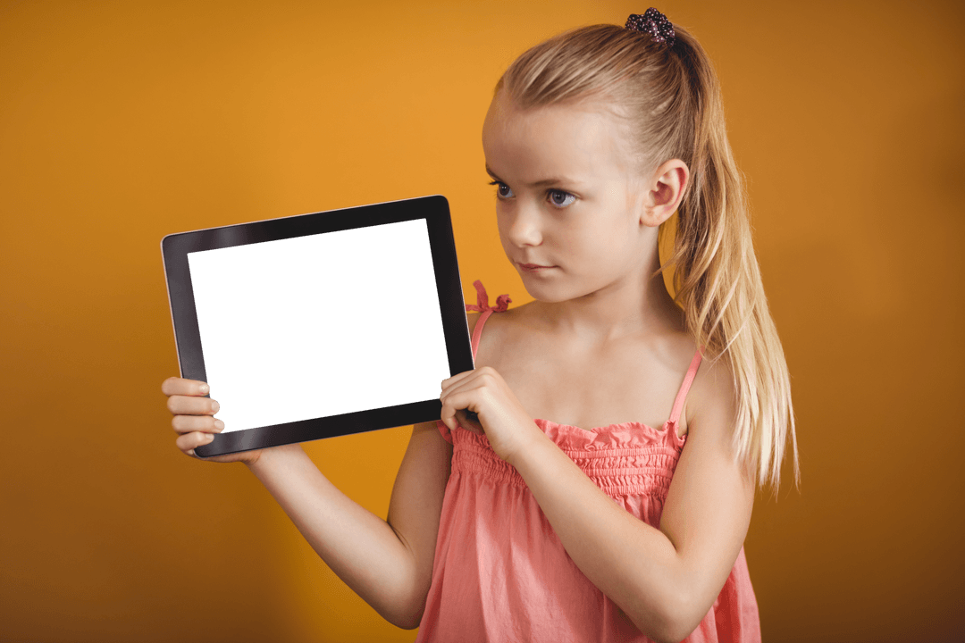 Blonde Girl with Tablet Transparent Background for Design Projects