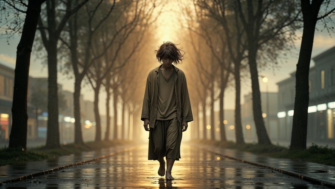 Solitary walk at dusk: reflective journey in urban setting - shy concept