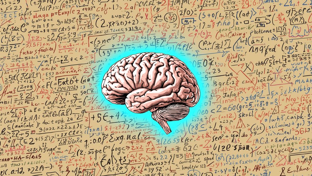 Illustrated Human Brain Surrounded by Mathematical Equations