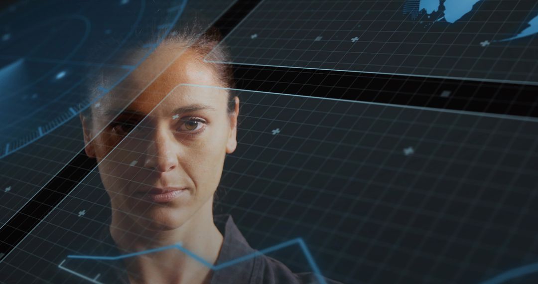 Woman Analyzing Holographic Grid Interface in Futuristic Control Room