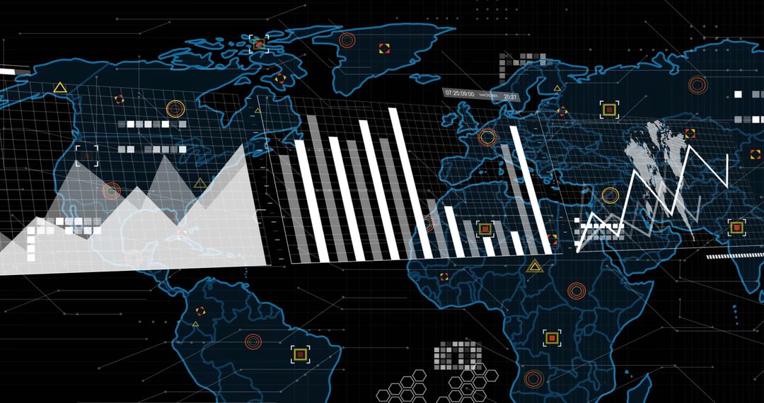 Data Processing Display with World Map Highlighting Global Connections