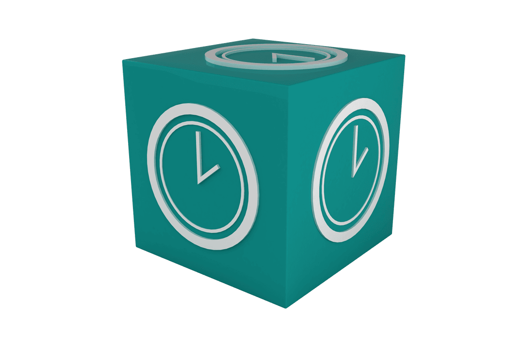 Transparent 3D Turquoise Cube with White Clock Icon Design