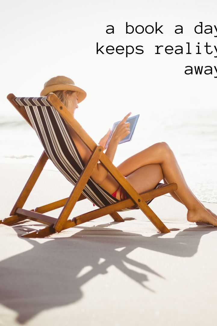 Woman Reading E-Book on Beach Promoting Relaxation and Recreation