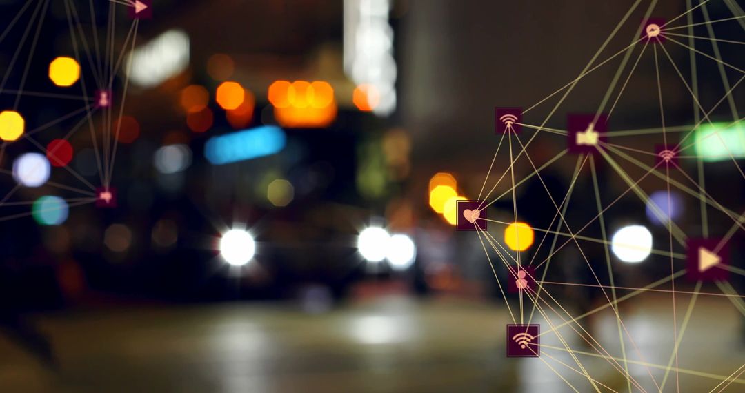 Digital Network Overlay on Blurred Urban Night Scene