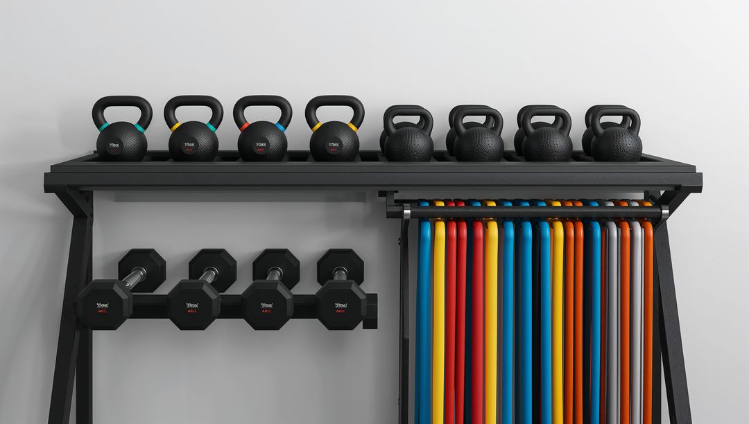 Organized Gym Equipment with Kettlebells, Dumbbells, and Exercise Bars