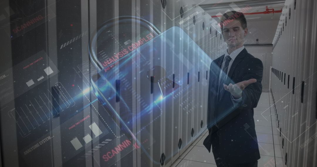 Cybersecurity Engineer Protecting Data in Server Room with Digital Lock Overlay