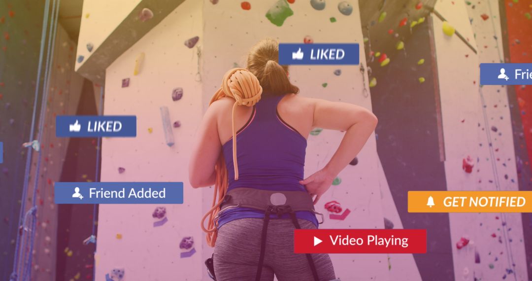 Woman Ready for Indoor Rock Climbing with Social Media Overlays