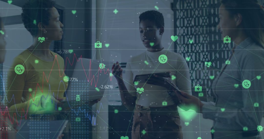 Diverse Female Team Analyzing Financial Data with Digital Overlay