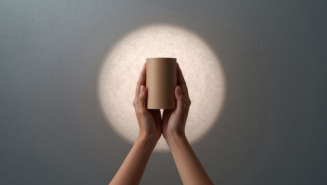 Hands Holding Cylindrical Cardboard Container Against Light Circle