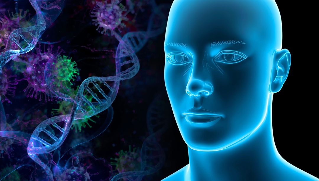 Futuristic Human Head with DNA Helix and Viruses in Blue Neon Light